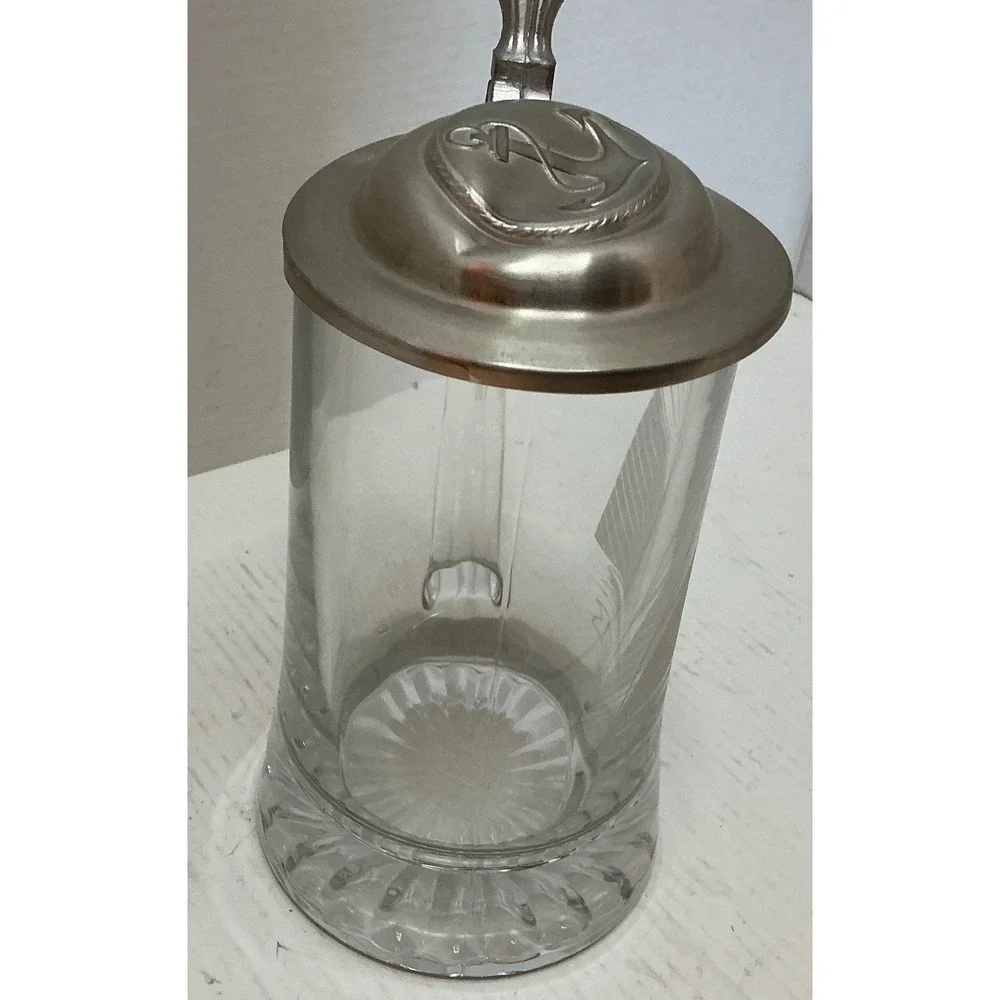 Vintage Glass Beer Stein Etched Columbia 1901 Sailboat Anchor Metal Lid Tankard